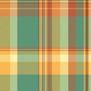 Yeni yıl tekstil dokusu kumaşından gerçekçi bir çek. Yeşil ve kehribar renk paletinde ağaç vektörü ekose arka plan deseni.