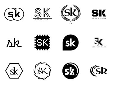 SK logo şirketi şablonu. Harfler ve k logoti. Tasarım elemanları ile farklı klasik serif harfleri ve modern kalın metin ayarla. İlk yazı tipi tipografisi. Koleksiyon trend iş kimliği.