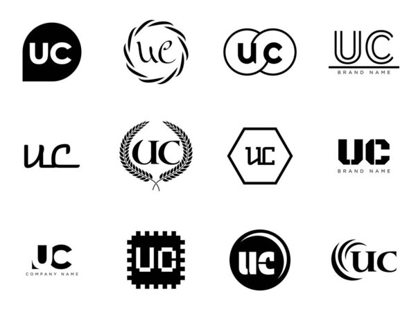 UC logo company template. Letter u and c logotype. Set different classic serif lettering and modern bold text with design elements. Initial font typography. Collection trendy business identity.