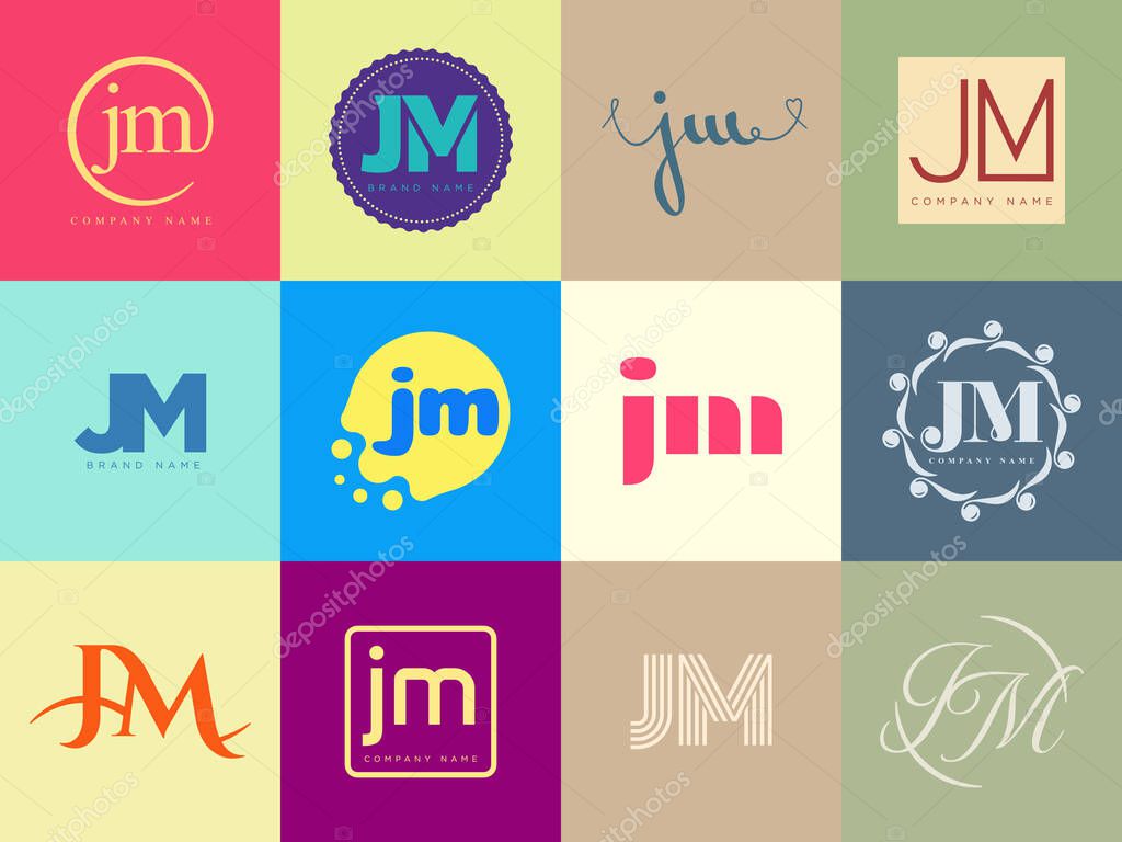 JM logo company template. Letter j and m logotype. Set different classic serif lettering and modern bold text with design elements. Initial font typography. Collection trendy business identity.