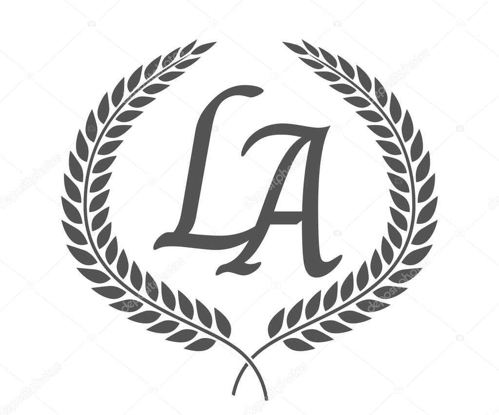 Initial letter L and A, LA monogram logo design with laurel wreath. Luxury emblem with calligraphy font.