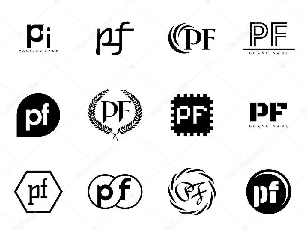 PF logo company template. Letter p and f logotype. Set different classic serif lettering and modern bold text with design elements. Initial font typography. Collection trendy business identity.