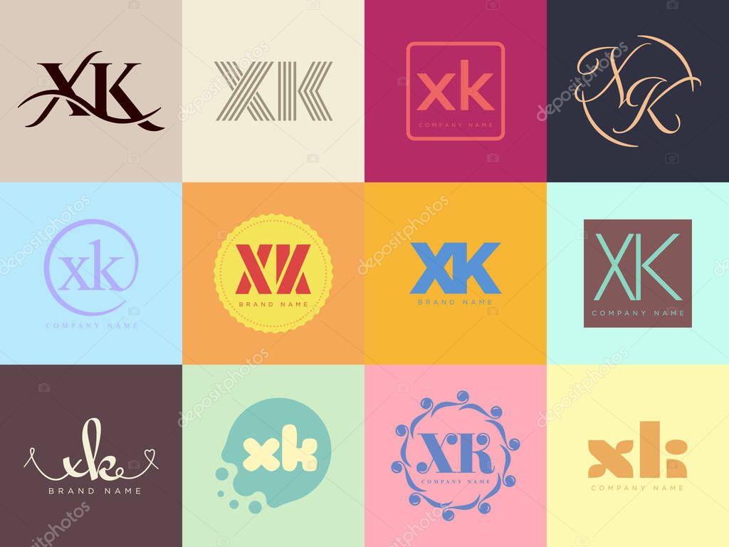 XK logo company template. Letter x and k logotype. Set different classic serif lettering and modern bold text with design elements. Initial font typography. Collection trendy business identity.