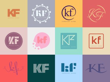 KF logo şirketi şablonu. K harfi ve Flogotype. Tasarım elemanları ile farklı klasik serif harfleri ve modern kalın metin ayarla. İlk yazı tipi tipografisi. Koleksiyon trend iş kimliği.