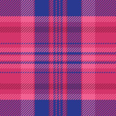 Törensel tartan kumaş kontrolü, 1950 'lerin tekstil vektörü kusursuz. Atölye dokusu arka plan ekoseli pembe ve mavi renk paleti.