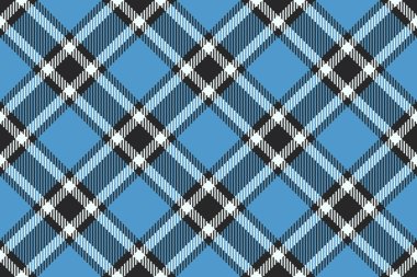 Çapraz mavi, siyah ve beyaz çizgileri olan kusursuz bir tartan deseni. Kumaş tasarımı, geçmiş ve yaratıcı projeler için ideal. Çok yönlü, klasik tarz.