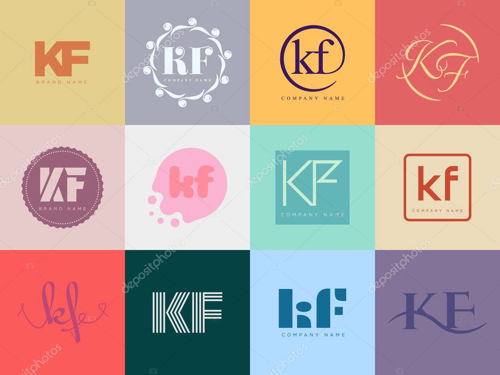 KF logo company template. Letter k and f logotype. Set different classic serif lettering and modern bold text with design elements. Initial font typography. Collection trendy business identity.