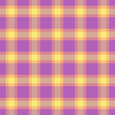 Tasarımcı ekoseli kumaş dokusunu, yaş katranlı kumaş vektörünü kontrol ediyor. Mor ve sarı renk paletinde en az pürüzsüz tekstil arkaplan deseni.