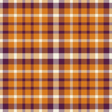 Sıcak turuncu, mor ve kremalı canlı sonbahar ekose desenli. Düşmüş tasarımlar, tekstil ve mevsimlik projeler için mükemmel..