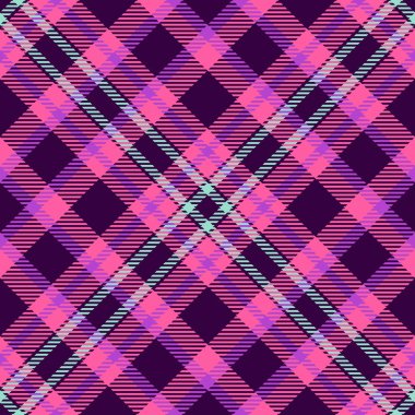 Pembe, mor ve mavi tonlarında kesişen çizgiler ve karelerle canlı ekoseli desen. Arkaplan, tekstil ve grafik tasarımları için ideal.
