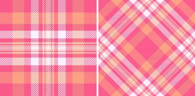 İki kusursuz desen. Pembe, turuncu ve beyaz tekstil tasarımı. Kontroller ve çapraz çizgiler geleneksel ekoseyi oluşturur. Moda, ev dekorasyonu veya arka plan için kullan.