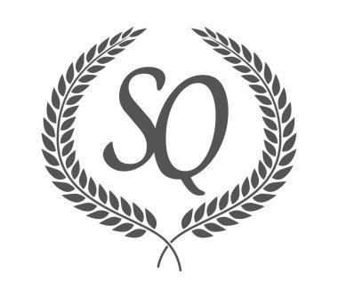 S ve Q harfleri, defne çelenkli SQ monogram logo tasarımı. Kaligrafi yazı tipli lüks amblem.