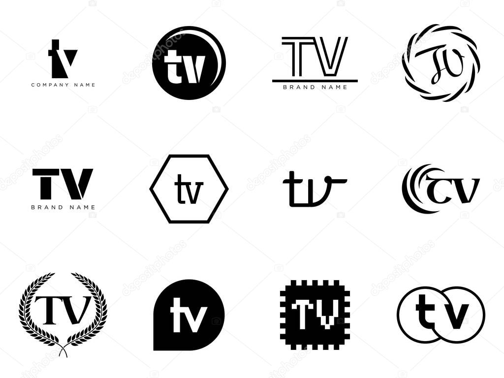 TV logo company template. Letter t and v logotype. Set different classic serif lettering and modern bold text with design elements. Initial font typography. Collection trendy business identity.