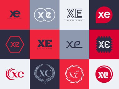 XE logo şirketi şablonu. Mektup X ve e logoti. Tasarım elemanları ile farklı klasik serif harfleri ve modern kalın metin ayarla. İlk yazı tipi tipografisi. Koleksiyon trend iş kimliği.