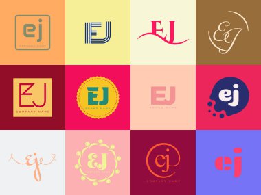EJ logo şirketi şablonu. E harfi ve J logosu. Tasarım elemanları ile farklı klasik serif harfleri ve modern kalın metin ayarla. İlk yazı tipi tipografisi. Koleksiyon trend iş kimliği.