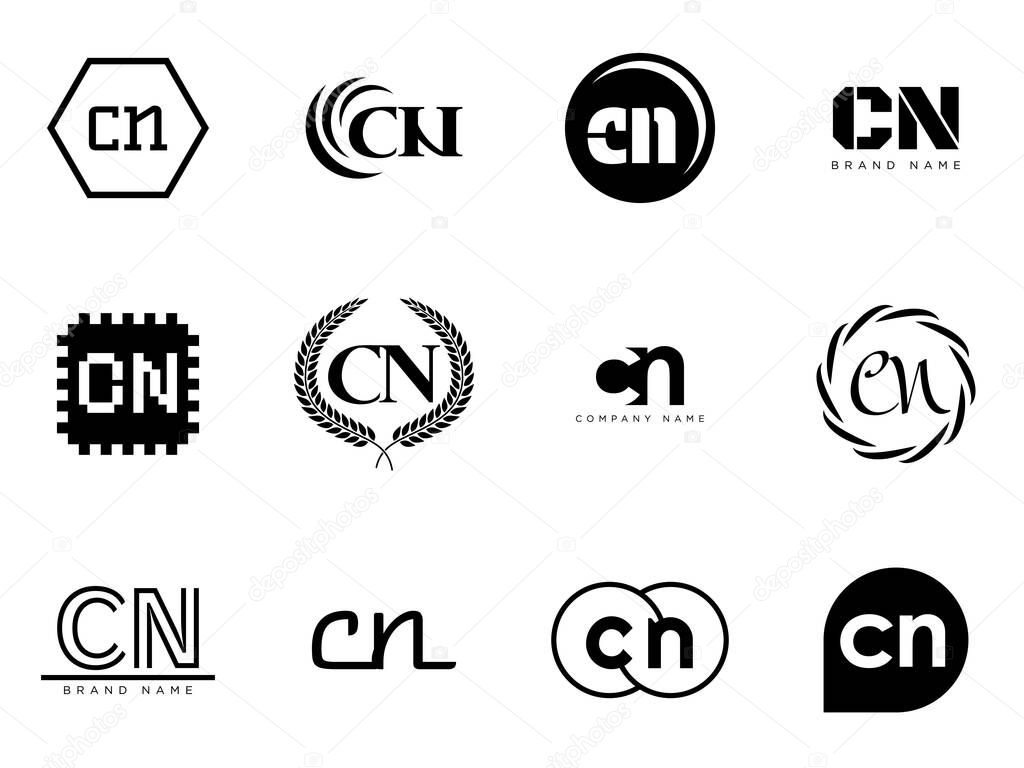 CN logo company template. Letter c and n logotype. Set different classic serif lettering and modern bold text with design elements. Initial font typography. Collection trendy business identity.