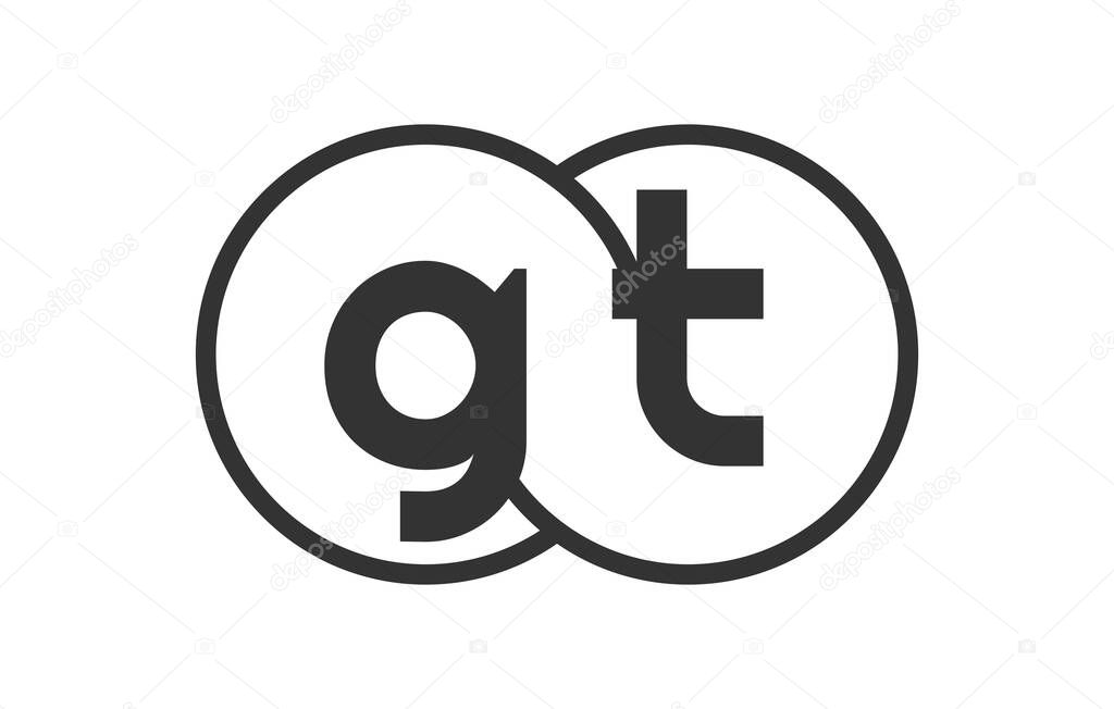 GT business company emblem with outline rounds and letters g t. Logo template of two merged circles for brand identity, logotype. Vector Infinity symbol  and technology sign.
