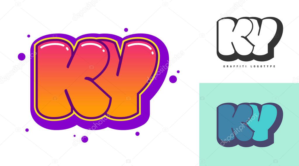 KY logo design for festival or party. Initial letter k and y in graffiti style. Creative modern lettering company name of font typography. Kids trendy logotype or identity. Vector illustration.