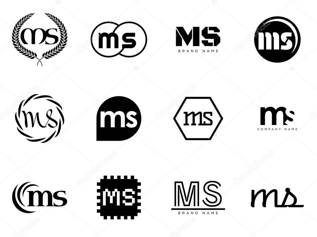 MS logo company template. Letter m and s logotype. Set different classic serif lettering and modern bold text with design elements. Initial font typography. Collection trendy business identity.