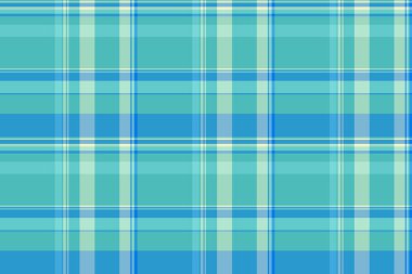 Ekose desenli, klasik tekstil dikişsiz vektör. Cyan ve gök mavisi renk paletinde süslü desen tartan kumaşı kontrol et.