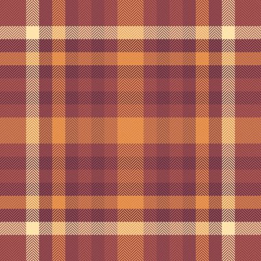 Saf doku arka plan kumaşı, orta kontrol ekose vektörü. Kırmızı ve turuncu renk paletinde üstüste dikilmiş dikdörtgen kumaş deseni.