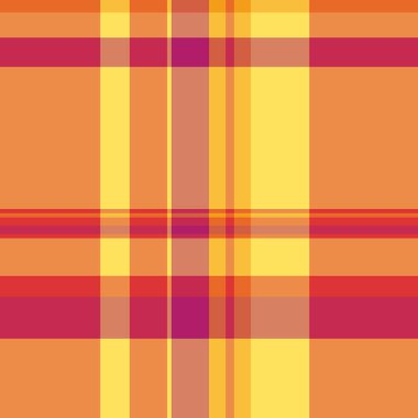 Kusursuz desensiz tartan, neşeli kumaş vektörü. Ekim desenli turuncu ve kırmızı renk paleti ile ekose arkaplan.