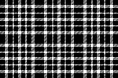 Vektör tartan arkaplanı kontrol ediliyor, ekoseli kumaş zengin. Tekstil desen denetimini siyah ve beyaz renk paleti ile giydir.