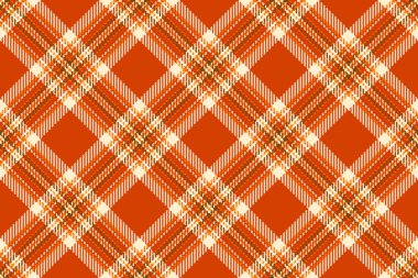 Sıcak, cezbedici sonbahar ekoseli arka plan. Dokuması turuncu, kahverengi ve kremalı tekstil tasarımı. Şükran Günü, sonbahar pazarlama ve mevsimlik projeler için ideal..