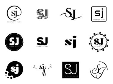 SJ logo şirketi şablonu. Harfler ve J logosu. Tasarım elemanları ile farklı klasik serif harfleri ve modern kalın metin ayarla. İlk yazı tipi tipografisi. Koleksiyon trend iş kimliği.
