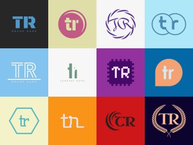 TR logo şirketi şablonu. Harf t ve r logotype. Tasarım elemanları ile farklı klasik serif harfleri ve modern kalın metin ayarla. İlk yazı tipi tipografisi. Koleksiyon trend iş kimliği.