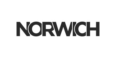 Birleşik Krallık 'ta Norwich şehrinde beyaz arkaplan üzerinde modern yazı tipi ile koyu bir tipografi içeren geometrik stil vektör illüstrasyonuna yer verilmektedir..