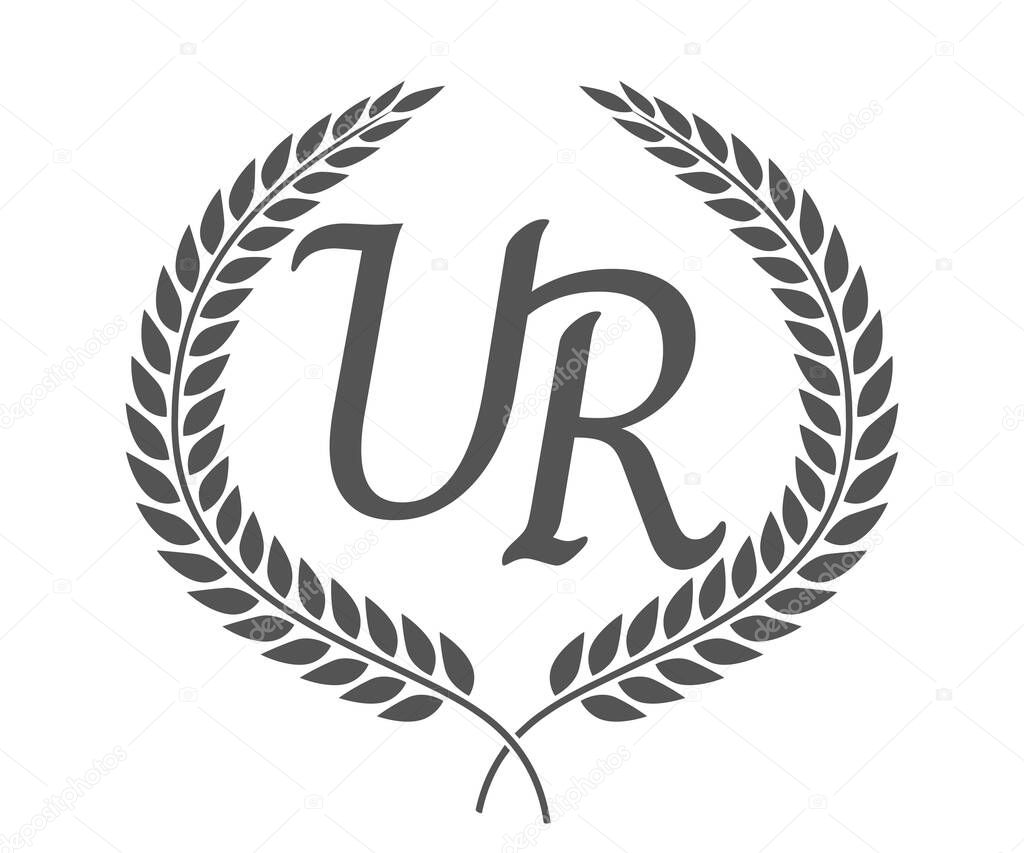 Initial letter U and R, UR monogram logo design with laurel wreath. Luxury emblem with calligraphy font.