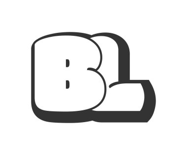 BL logosu, karikatür harfleri, graffiti stili siyah beyaz siluet şeklinde yuvarlak. Festival partisi için modaya uygun bir okul öncesi B ve L harfi. Baş harfler, çocuklar için funky prinky ve web. Vektör illüstrasyonu.