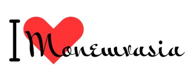 Monemvasia 'yı seviyorum, Yunanistan' ı. Kırmızı kalpli el yazısıyla yazılmış mektuplar. Vektör illüstrasyon harfleri, yazdırma tişörtü, afiş, poster, etiket veya etiket için modern tasarım.