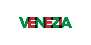 İtalya ambleminde baskı ve ağ için Venezia. Tasarım, modern yazı tipinde cesur tipografiye sahip geometrik stil, vektör illüstrasyonuna sahiptir. Beyaz arkaplanda izole edilmiş grafiksel slogan harfleri.