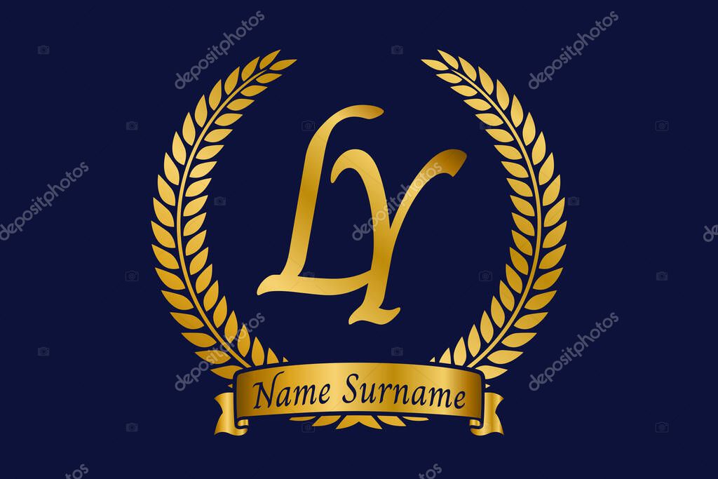 Initial letter L and Y, LY monogram logo design with laurel wreath. Luxury golden emblem with calligraphy font.