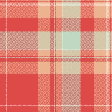 İpek kontrolü tekstil arka planı, kağıt dikişsiz doku dokusu. Kırmızı ve turuncu renk paletinde yumuşak tartan desenli vektör.