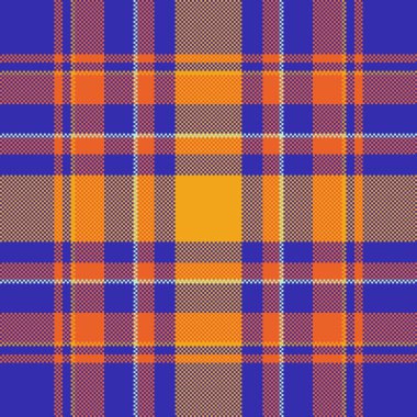 Turuncu ve mavi renkli canlı piksel desenli. Klasik ama modern bir tekstil tasarımı. Geçmişler, moda ya da grafik projeler için ideal. Çok yönlü doku.