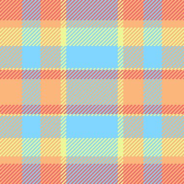 Jpg kumaş dokusunu kontrol et, yeni model vektör kusursuz. Kolaj tartan arkaplan tekstil cyan ve turuncu renk paleti.