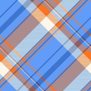 Renkli vektör tekstil kontrolü, saten dikişsiz kumaş. Grup desenli ekose ekoseli mavi ve Hint turuncu renk paleti.