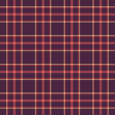 Ahenkli arkaplan desenli, 40 'lı yaşlarda ekoseli tartan. Kumaş vektör dokusunu kırmızı ve koyu renk paletiyle kapla.