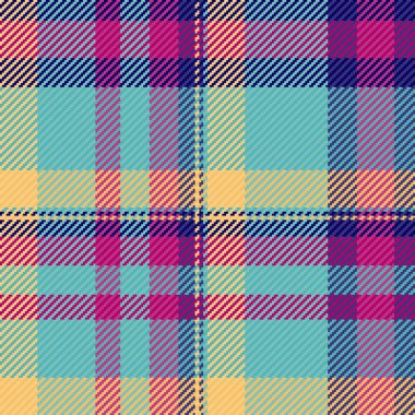 Canlı deniz mavisi, pembe, sarı ve donanma renklerinde ayrıntılı tartan deseni. Geleneği ve sıcaklığı çağrıştıran klasik, dokunmuş bir doku. Arkaplan, tekstil veya retro tasarımlar için kullan.