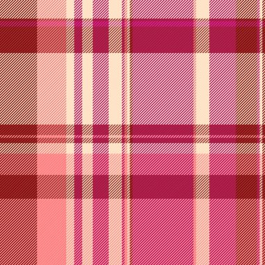 Altmışlı yıllar ekosesiz vektör, ton tartan tekstili. Pembe ve kırmızı renk paletinde pürüzsüz desen kumaş arkaplan deseni.