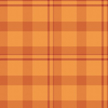 Warp vektörü kumaş arka planı, paket tekstil desenli ekose. İnce tartan dokusunda turuncu ve kumlu kahverengi renk paleti var..