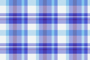 Doğrusal vektör ekose tekstil, internet tartan doku arka planı. Beyaz ve mavi renk paletinde kumaşın pürüzsüz desenini kontrol et.
