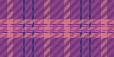 Deko desenli kumaş kontrolü, eski moda kumaş dokusu. Mor ve pembe renk paletinde lifli tartan vektörü pürüzsüz arkaplan.