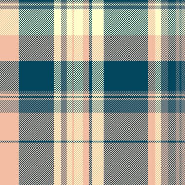 Dikensiz ekose kumaş dokuma, vektör dokusunu kontrol et. Kumaş arkaplan tartan deseni turuncu ve cyan renk paletinde.