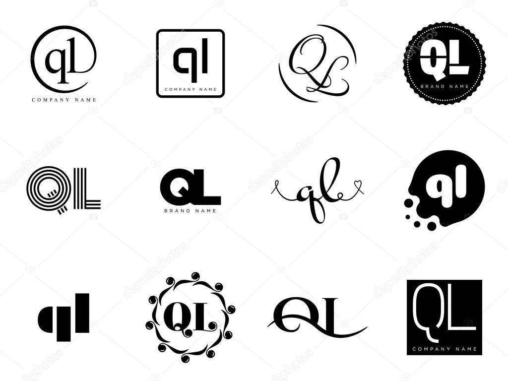 QL logo company template. Letter q and l logotype. Set different classic serif lettering and modern bold text with design elements. Initial font typography. Collection trendy business identity.