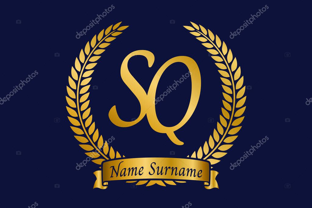 Initial letter S and Q, SQ monogram logo design with laurel wreath. Luxury golden emblem with calligraphy font.