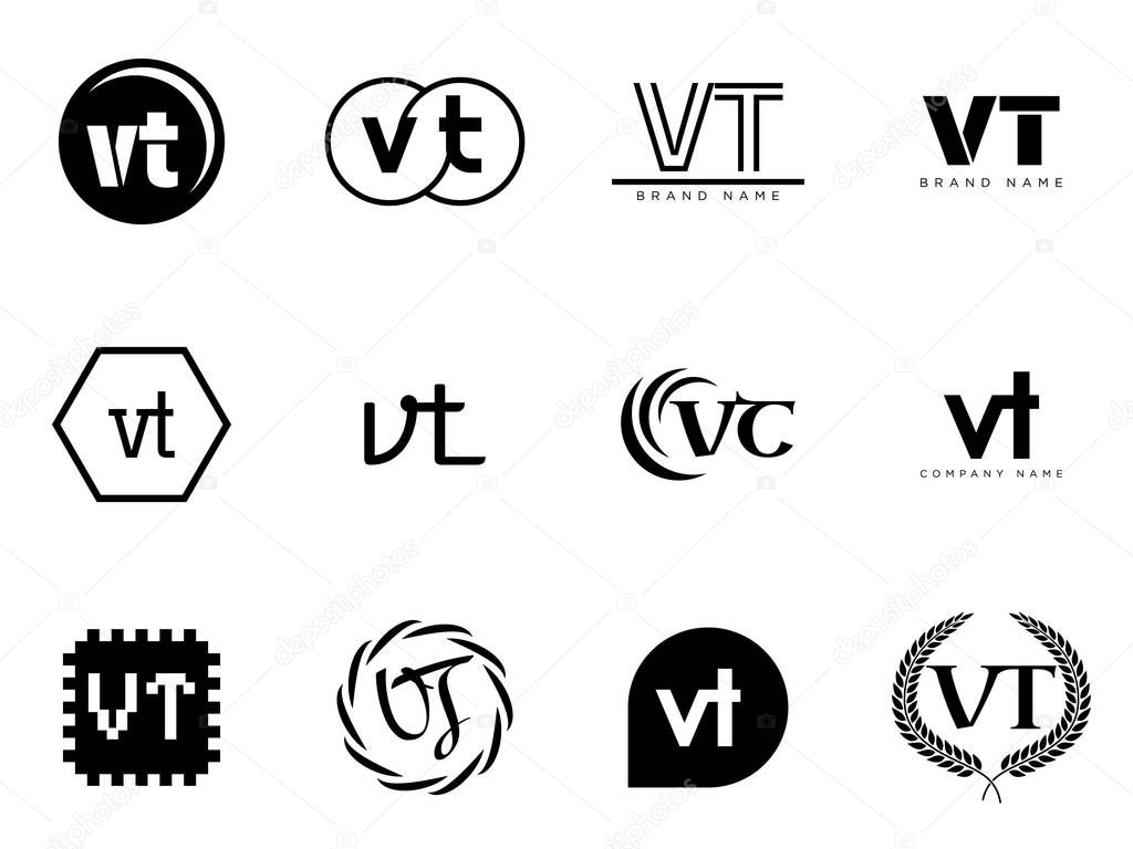 VT logo company template. Letter v and t logotype. Set different classic serif lettering and modern bold text with design elements. Initial font typography. Collection trendy business identity.